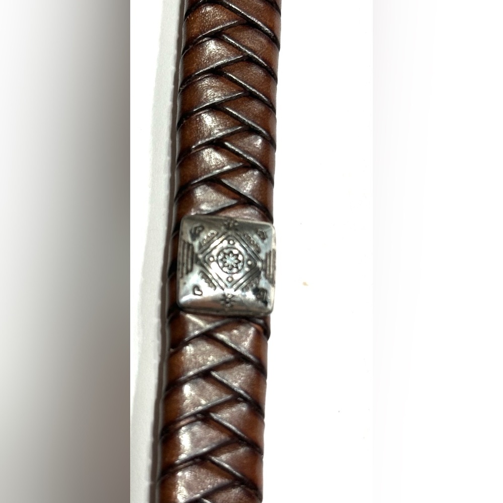Brighton Womens Brown Braided Leather Skinny Silver Belt Size Medium M 30 - Picture 9 of 12